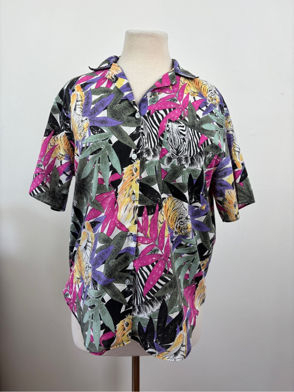 Vintage Jeri Marque Jungle Safari Button-Up Short Sleeve Shirt Womens M
